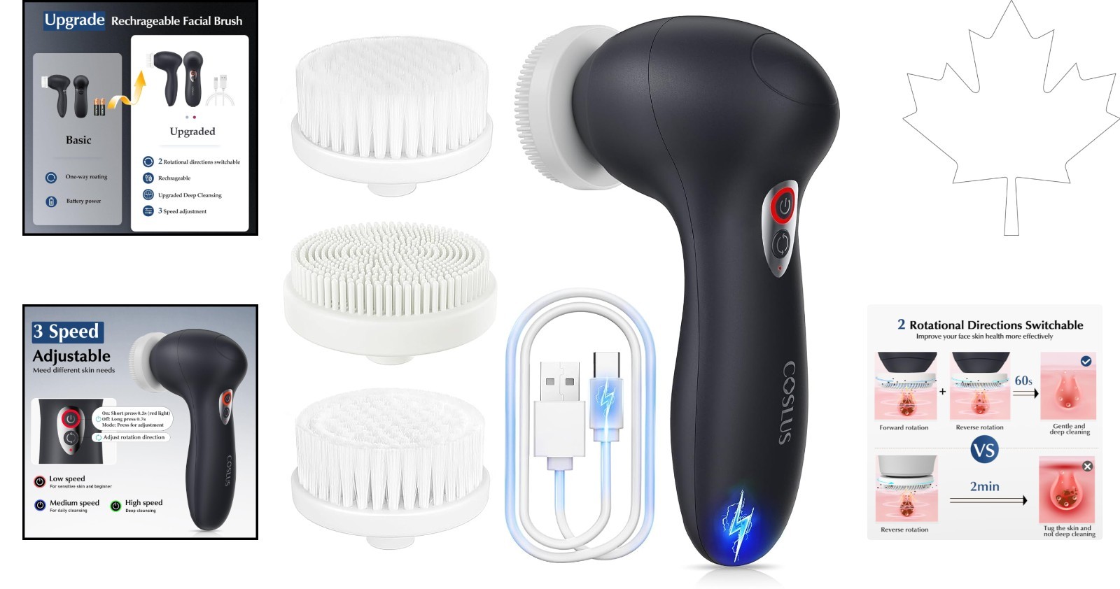 3-in-1 Bi-Directional Facial Cleansing Brush – Deep Clean & Exfoliate Skin