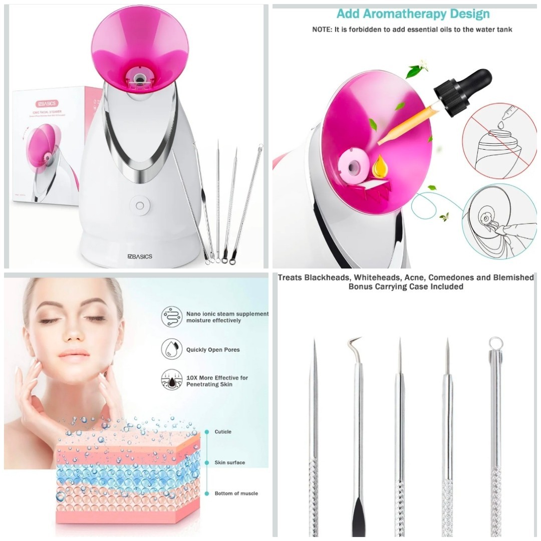 EZBASICS Facial Steamer Ionic Face Steamer W/ 5-Piece Stainless Steel Skin Kit