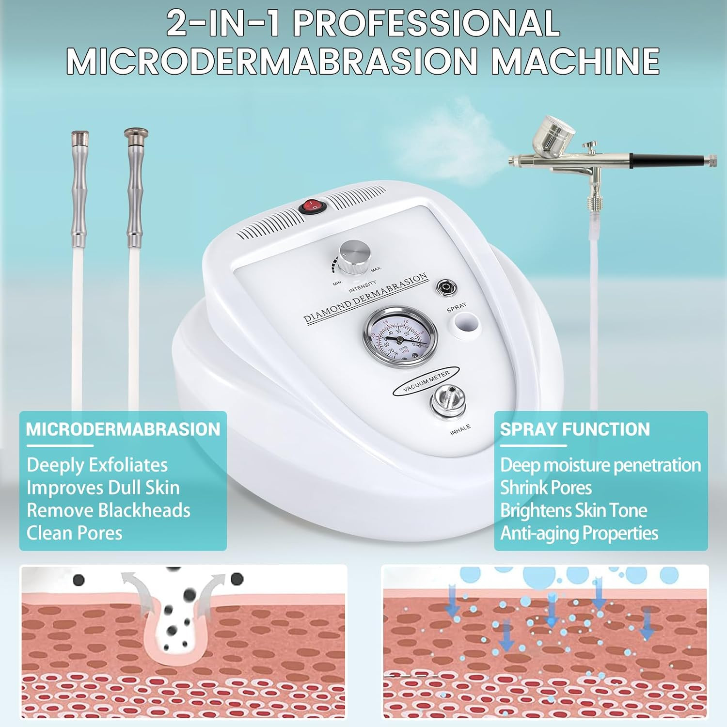 2 in 1 Diamond Micro Der-Ma-Bra-Sion Machine, 0-68Cmhg Suction Power Profession