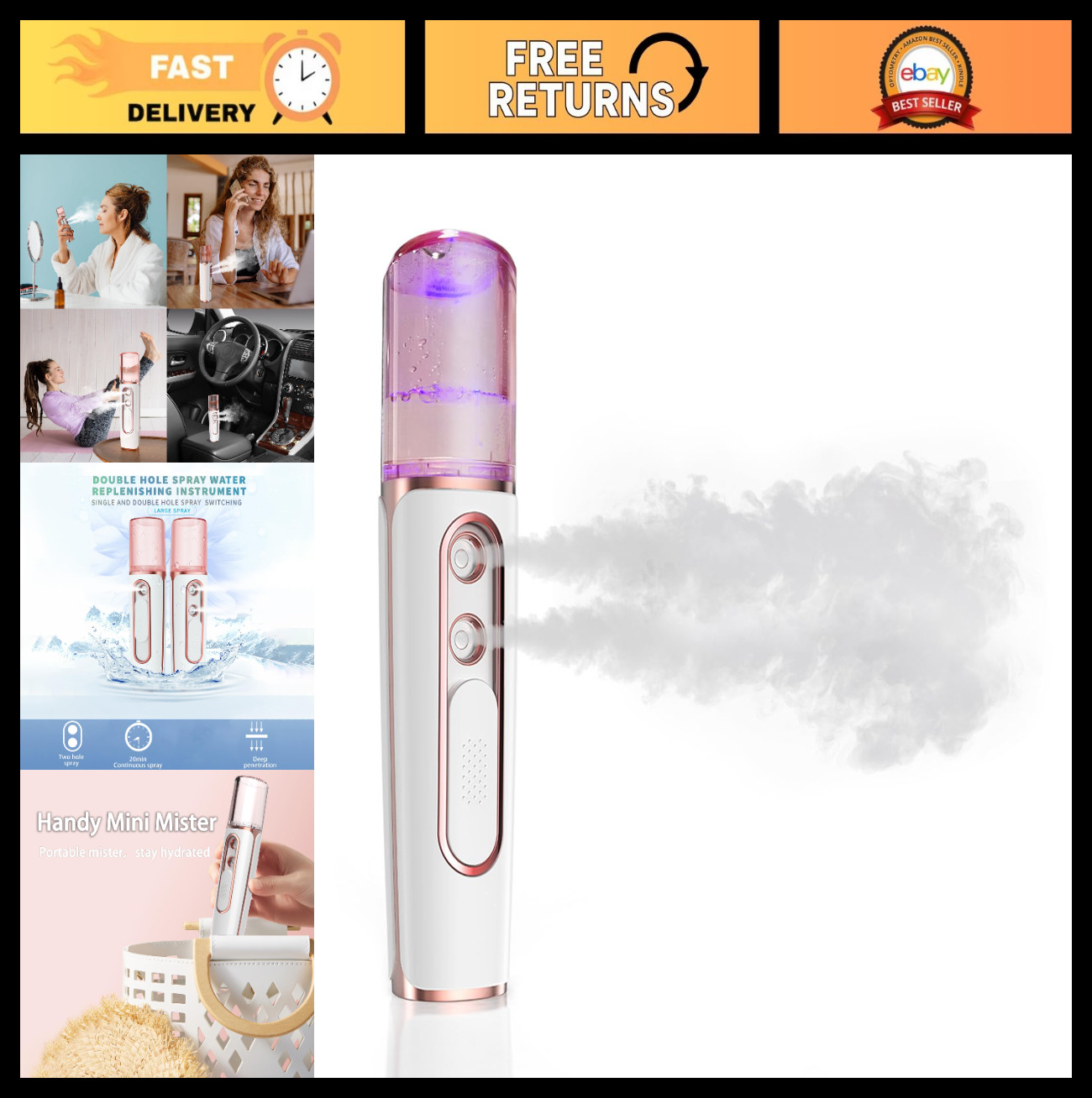 Nano Facial Mister Cool Mist Steamer, USB Rechargeable, 2 Nozzles, Hydrating Ski