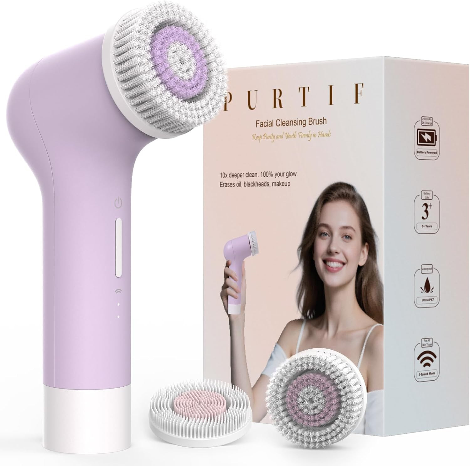 Rechargeable Electric Facial Cleansing Brush, Silicone Face Scrubber, 3-Speed