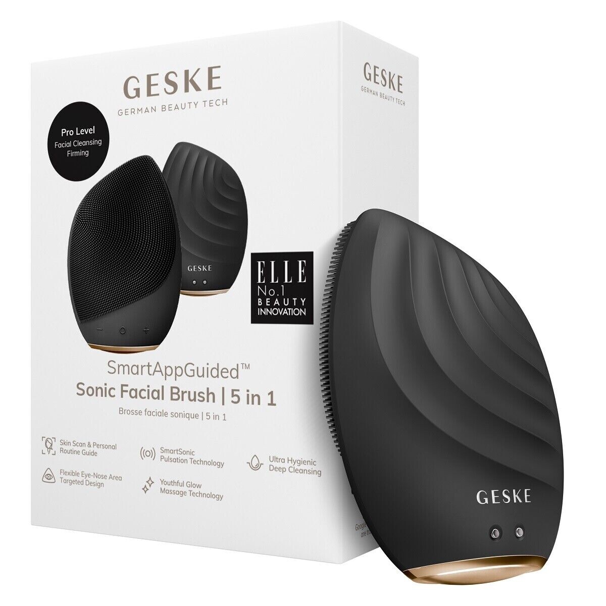NIB GESKE Sonic Facial Brush 5 in 1. Rechargeable, Vibrating, Silicone Dark Gray
