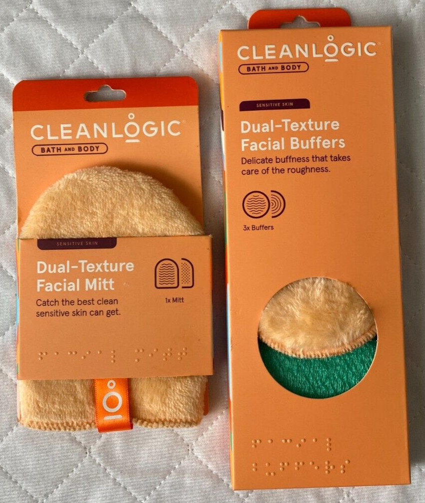 Cleanlogic Bath and Body Dual-Texture Facial Buffers & Facial Mitt Lot 2 NEW