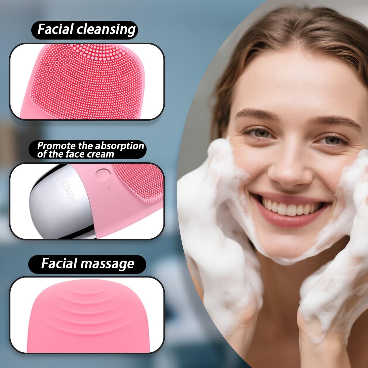 Facial Cleansing Brush, 3-in-1 Electric Silicone Face Scrubber, Vibrating Mas…