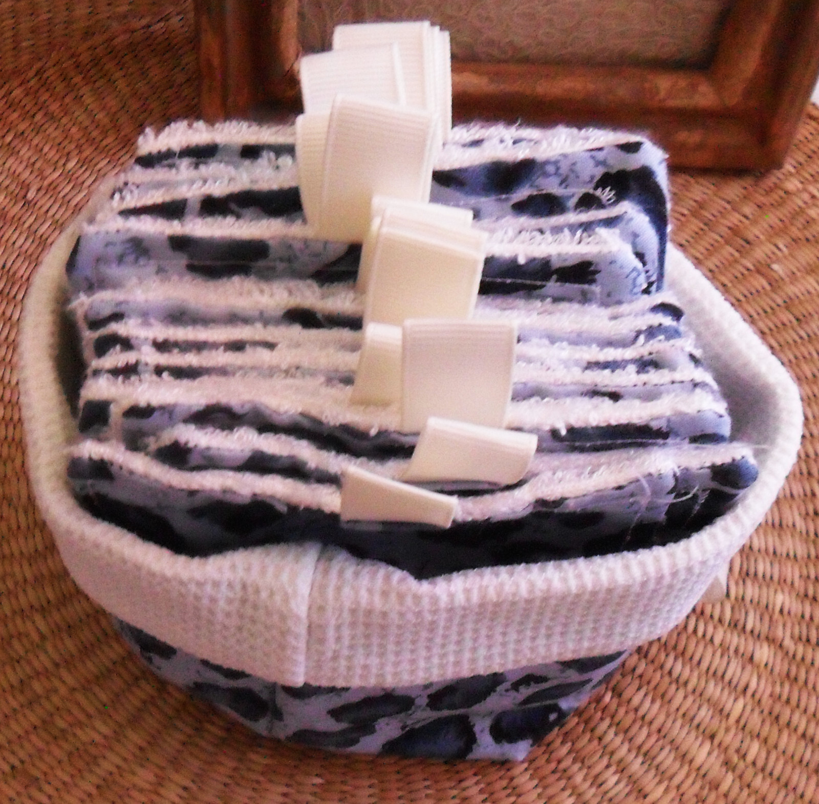 Handmade Reusable MAKEUP Removal PADS in Basket, Blue Leopard Print, Terry Cloth