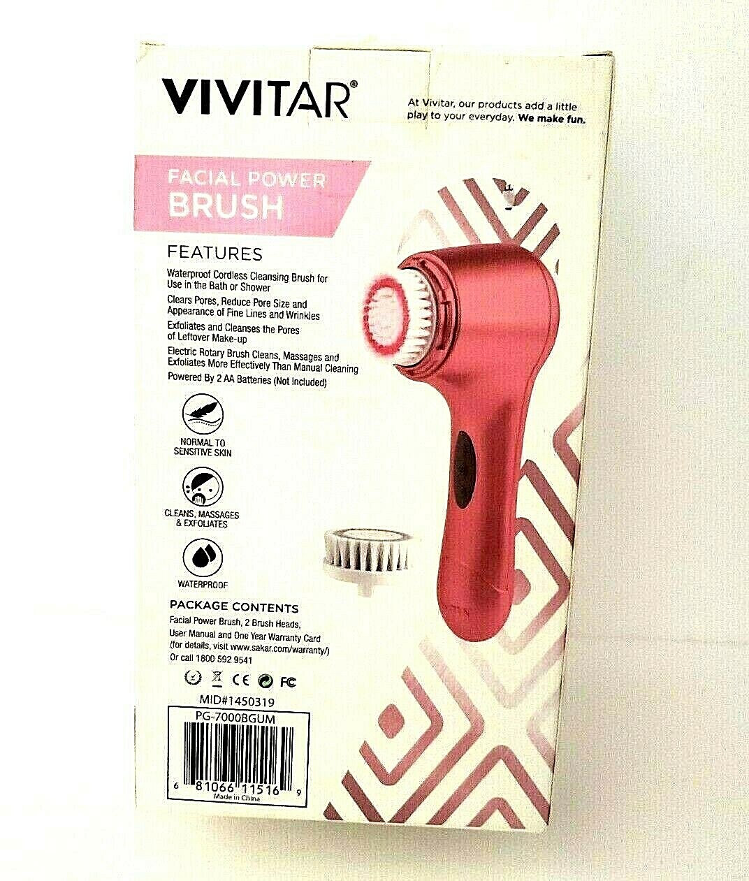 Vivitar Simply Beautiful Facial Power Brush Pink Soft Touch Series New