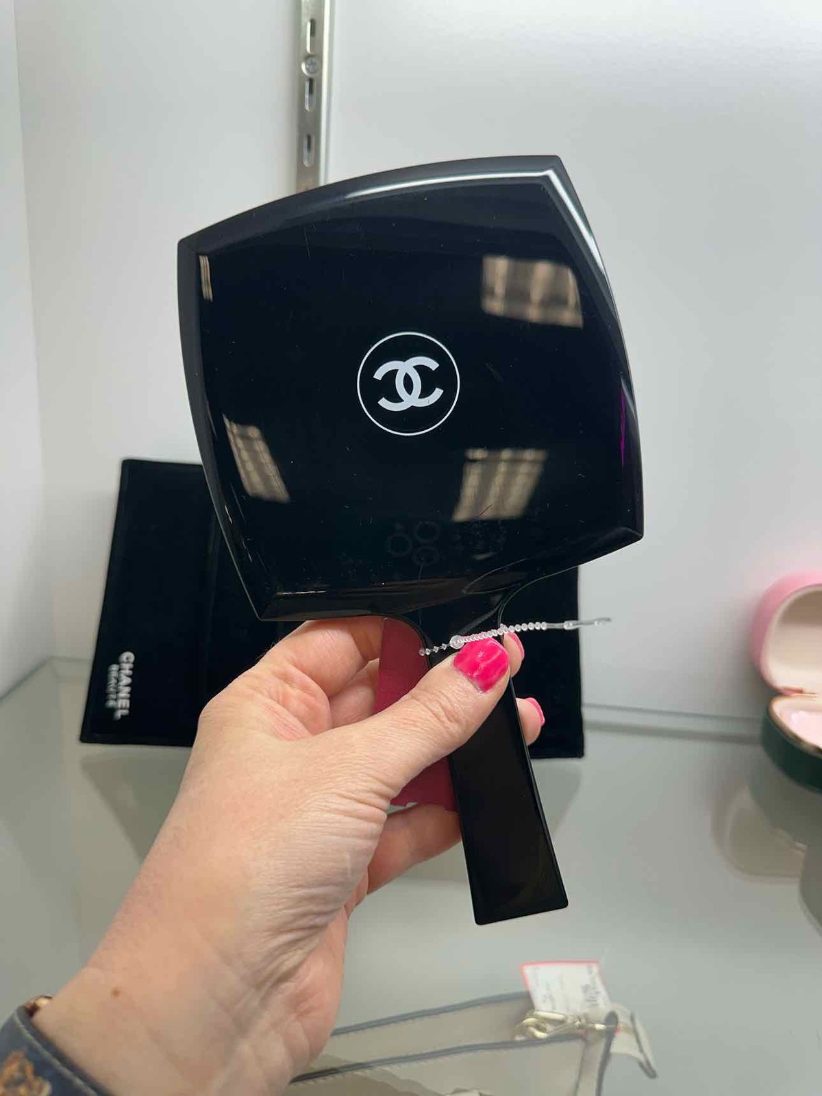 Chanel Black Handheld Mirror and Velvet Storage Bag Miroir Facettes