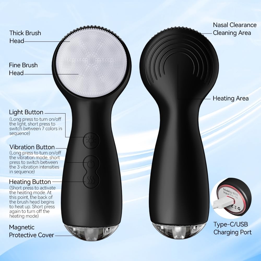 Facial Cleansing Brush, Face Scrubber, Electric Brush with 7 Black
