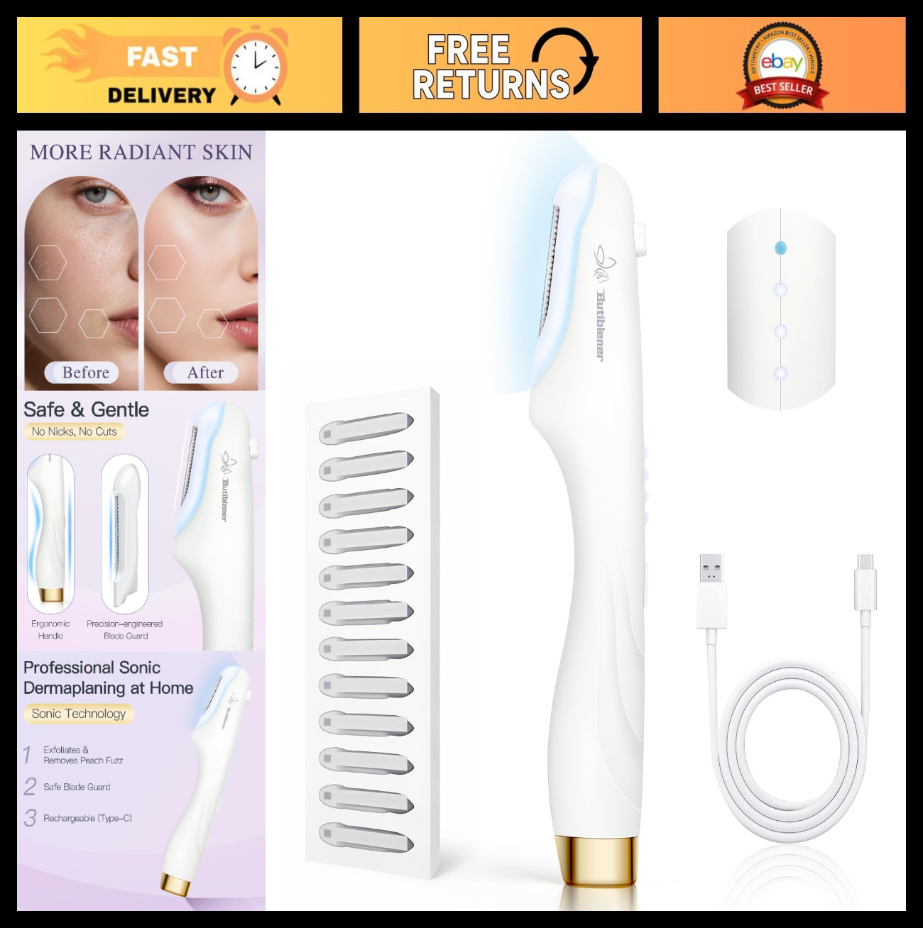 Sonic Dermaplane Tool for Women – Face Shaver & Peach Fuzz Remover + 12 Blades