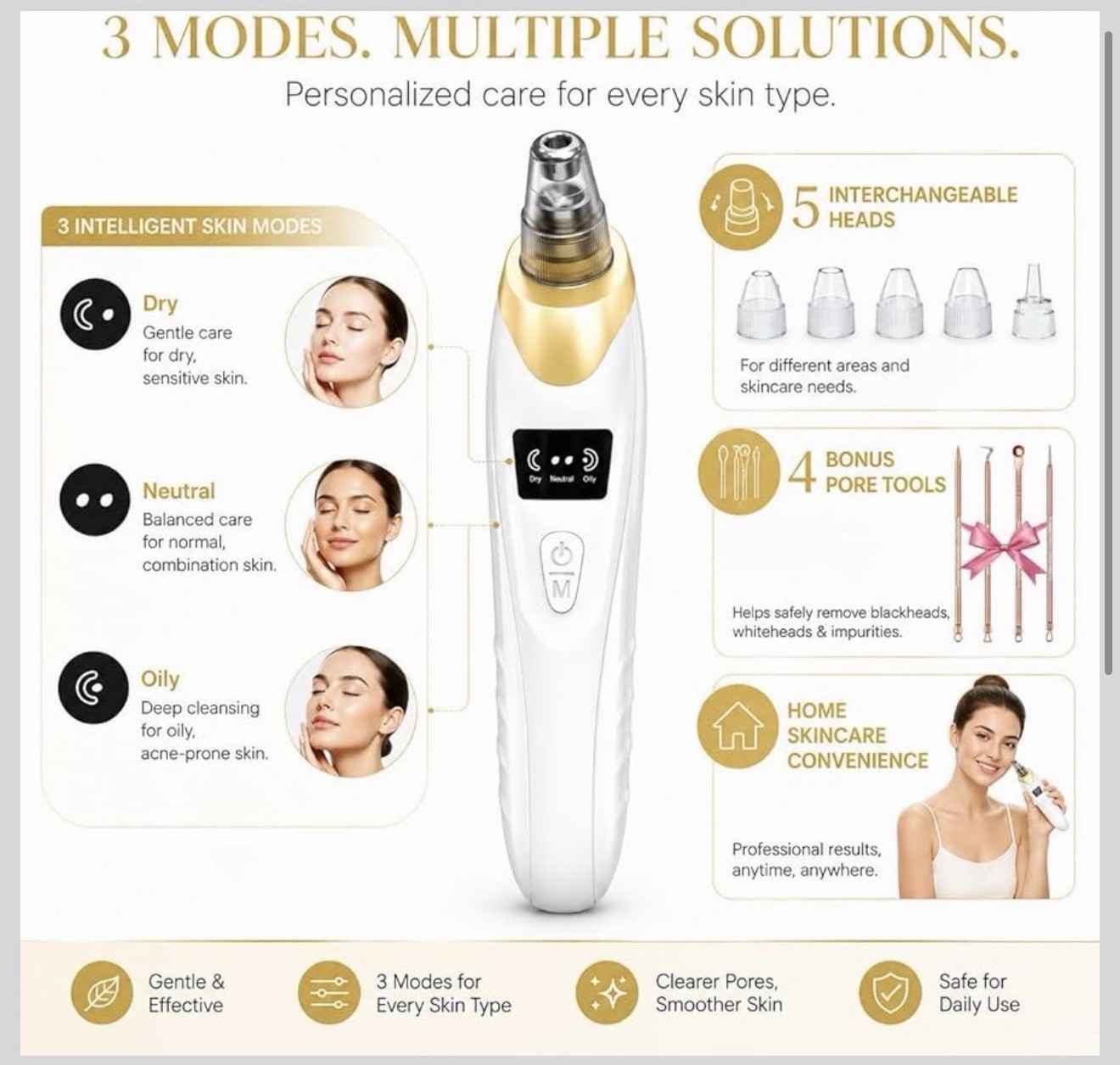 Facial Pore Vacuum Cleansing Device Blackhead Remover w/ 5 Heads White/Gold
