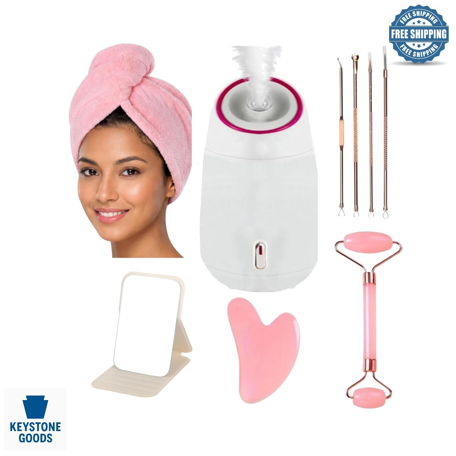 Complete Home Facial Steamer Spa Set with Jade Roller & Blackhead Tools