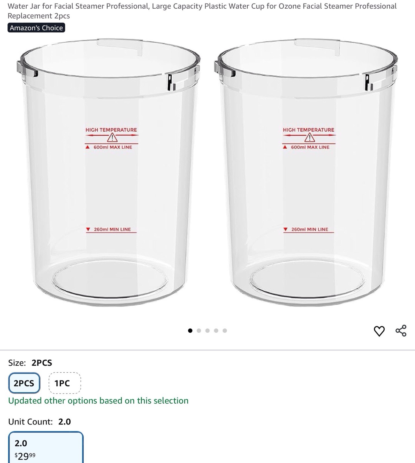 Facial Steamer Water Jar Replacement Cups Clear Heat Resistant Plastic 2pcs