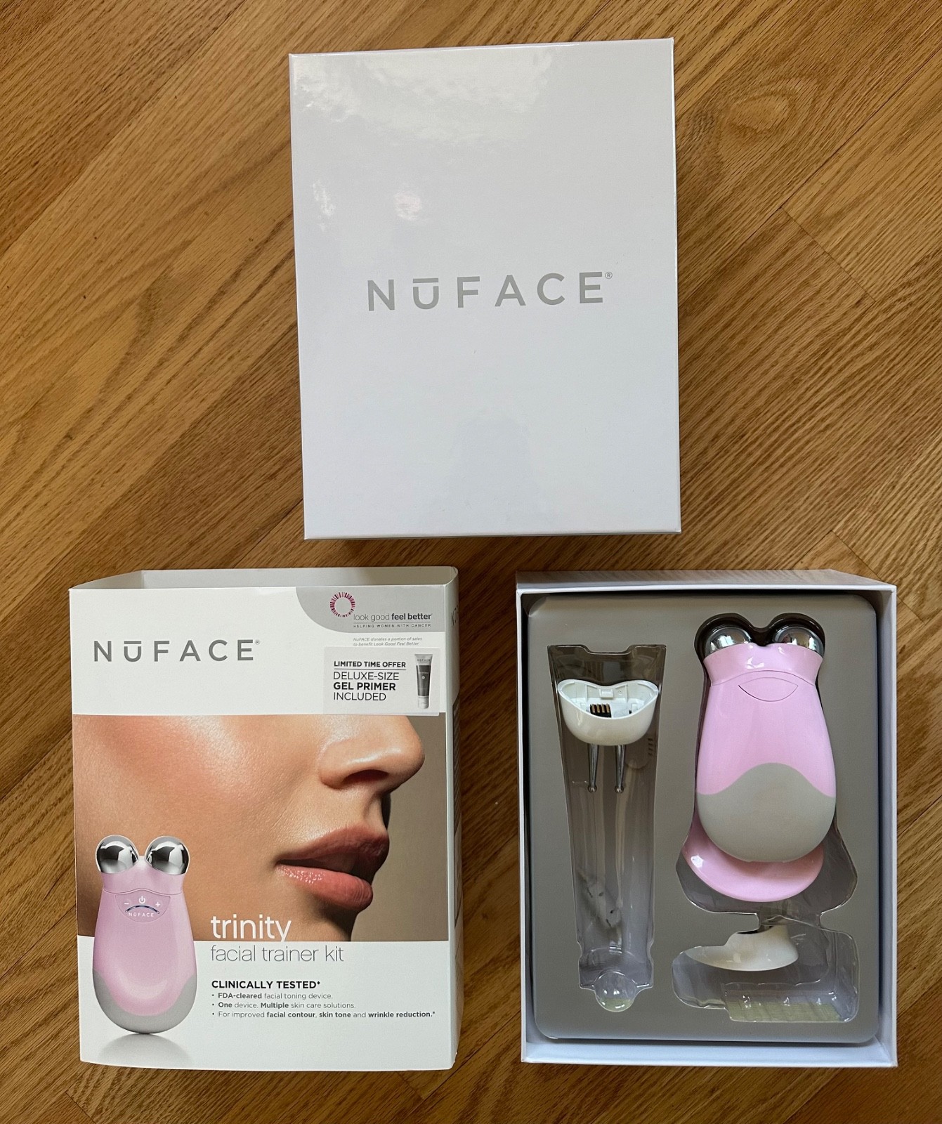 NuFace Trinity PINK preowned facial trainer kit w/extras; lip & infrared wrinkle