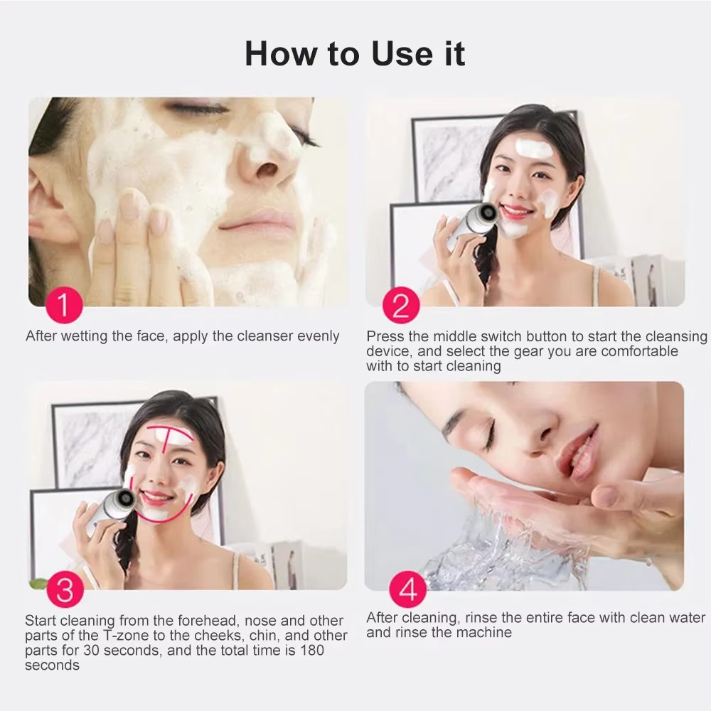 4 in 1 Electric Facial Cleansing Brush Sonic Waterproof Rotate Rechargeable Face