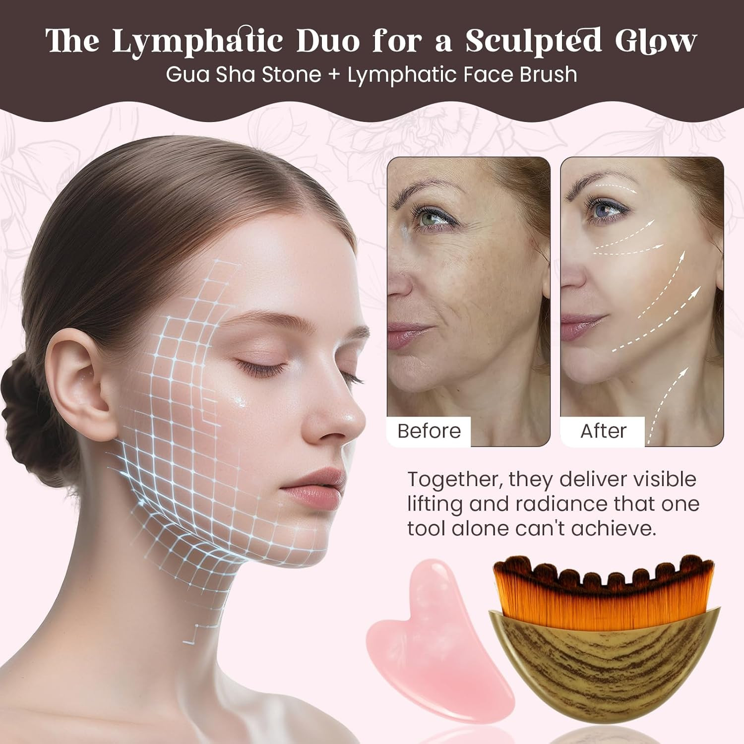 Lymphatic Contour Face Brush and Gua Sha Set, 2-In-1 Manual Facial Brushes for L