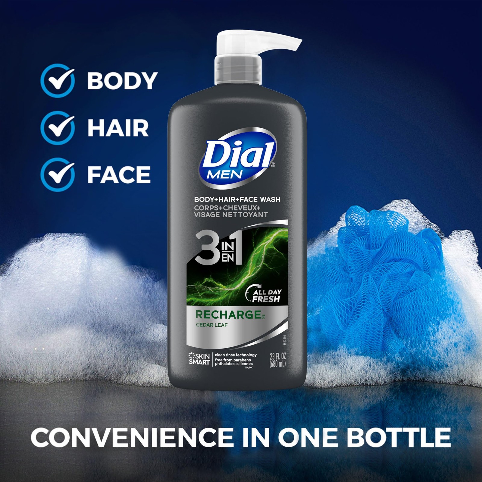 Dial Men 3in1 Body, Hair and Face Wash, Recharge, 69 fl 23 Fl Oz (Pack of 3)