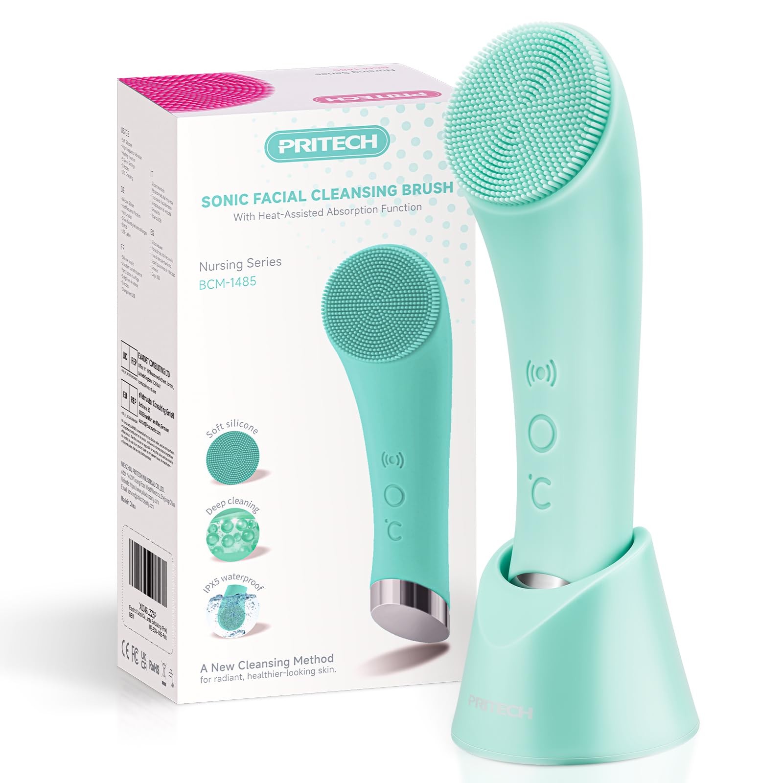 Silicone Face Scrubber, Rechargeable Facial Cleansing Brush with Heat Massage En