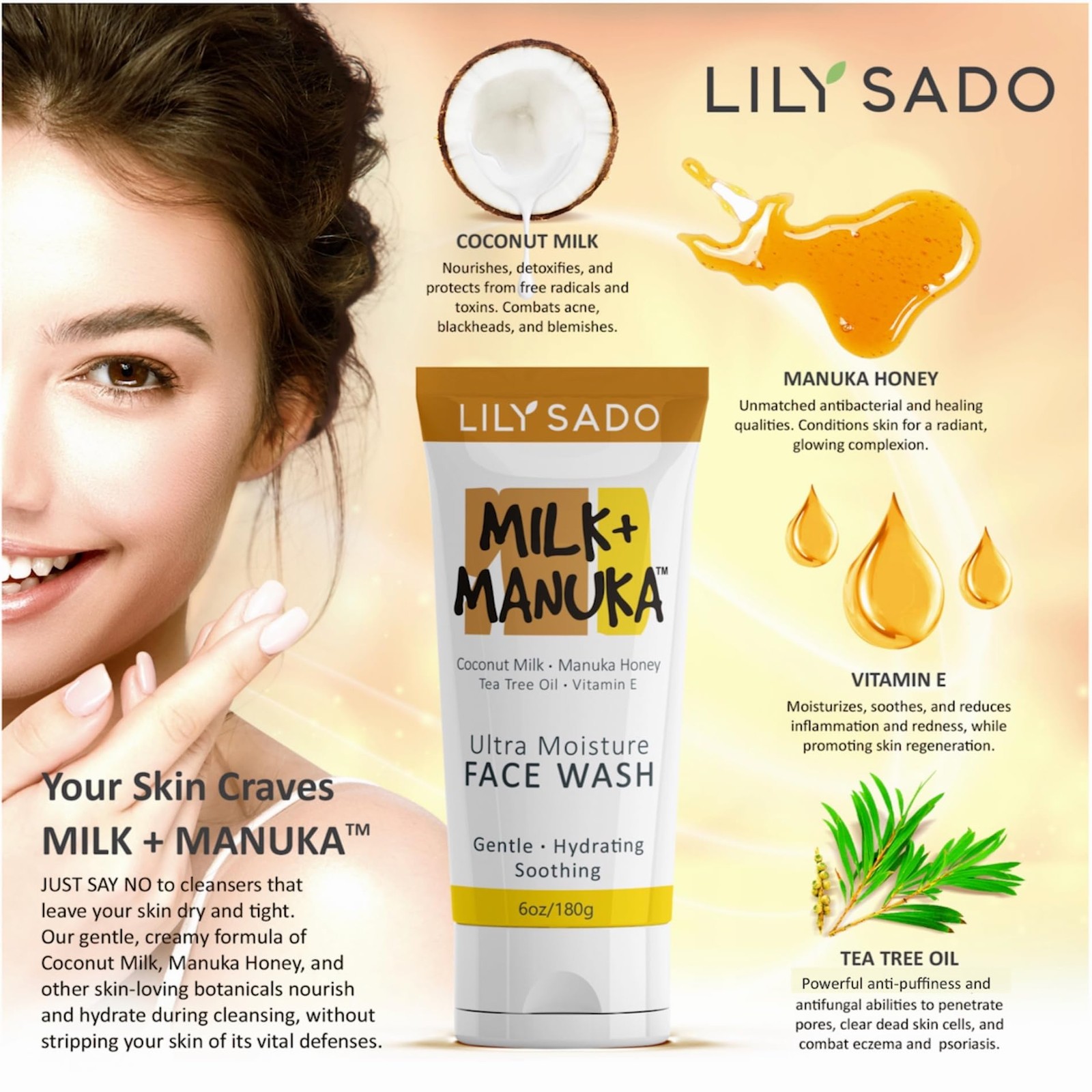 LILY SADO MILK+MANUKA™ Coconut Milk & Manuka Honey Cream 6 Ounce (Pack of 1)