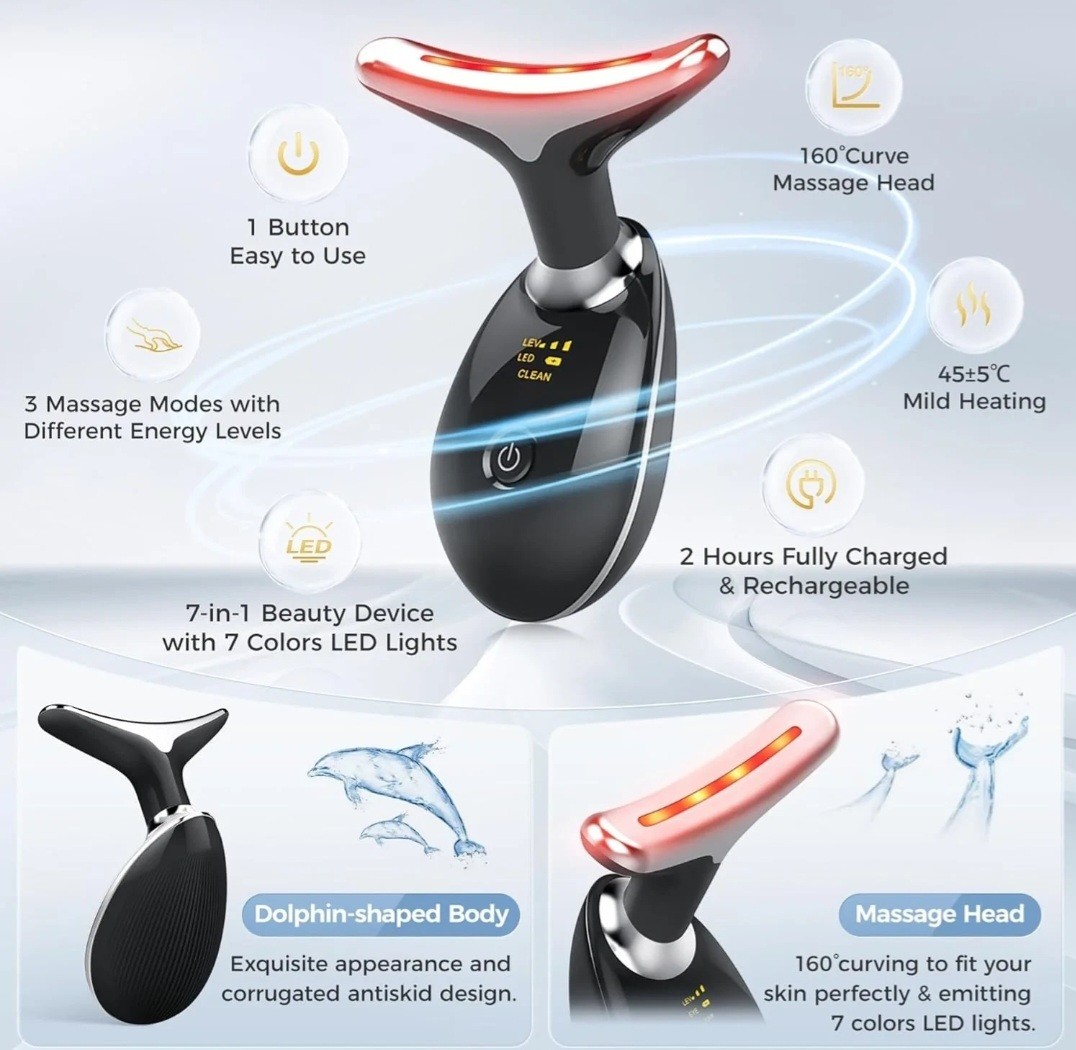 7-in-1 Face Lift Machine Black LED Light Therapy USB Rechargeable Waterproof