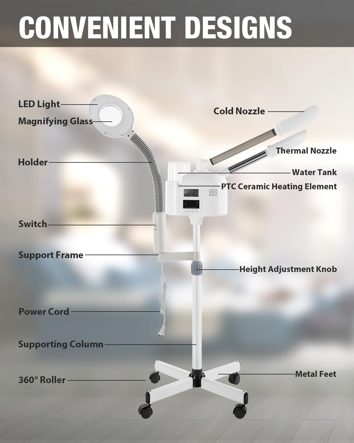 Facial Steamer Professional 3-in-1 Hot Cold Nozzle 5X Magnifying Lamp