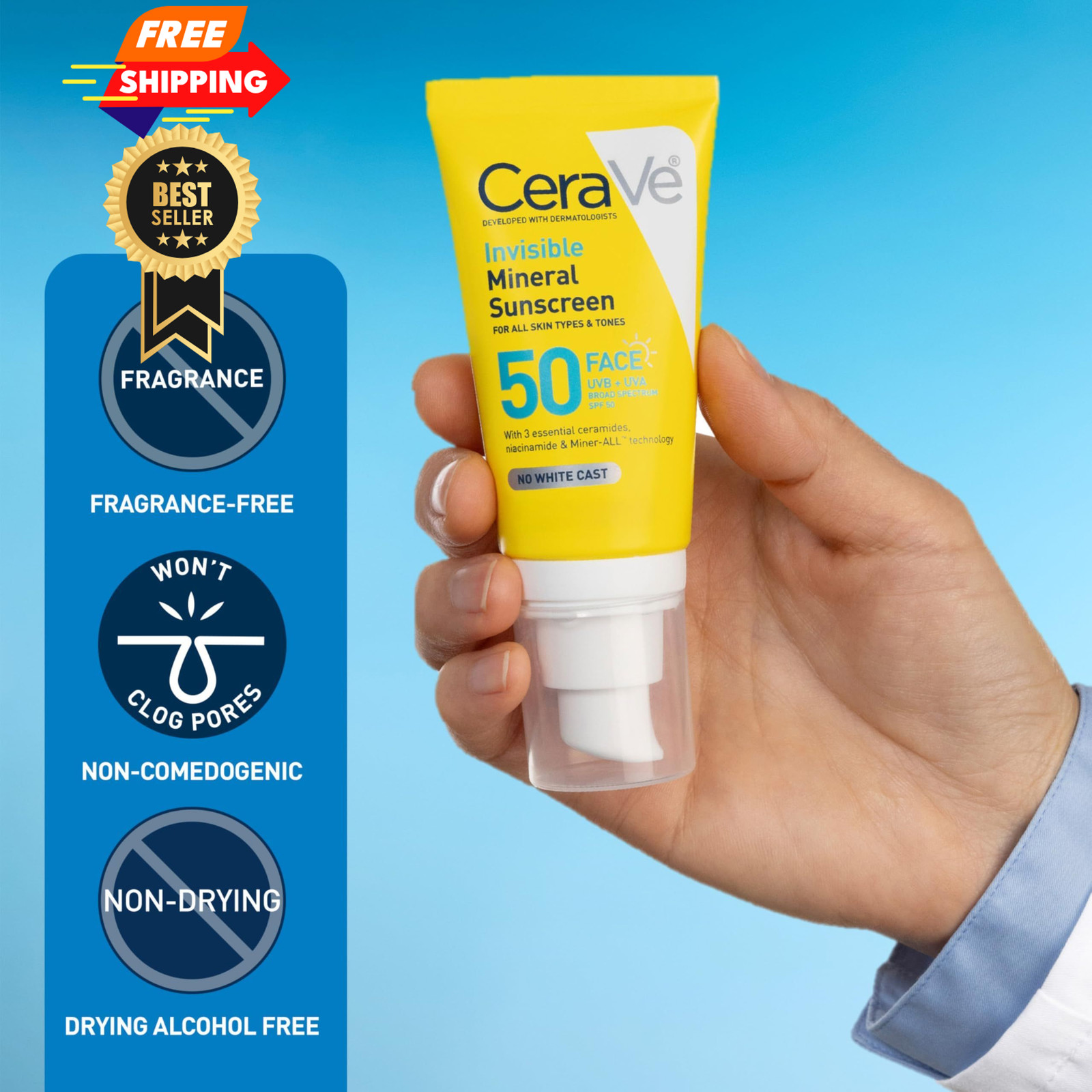 CeraVe Invisible Mineral Sunscreen SPF 50, Face 1.62 Fl Oz (Pack of 1), White