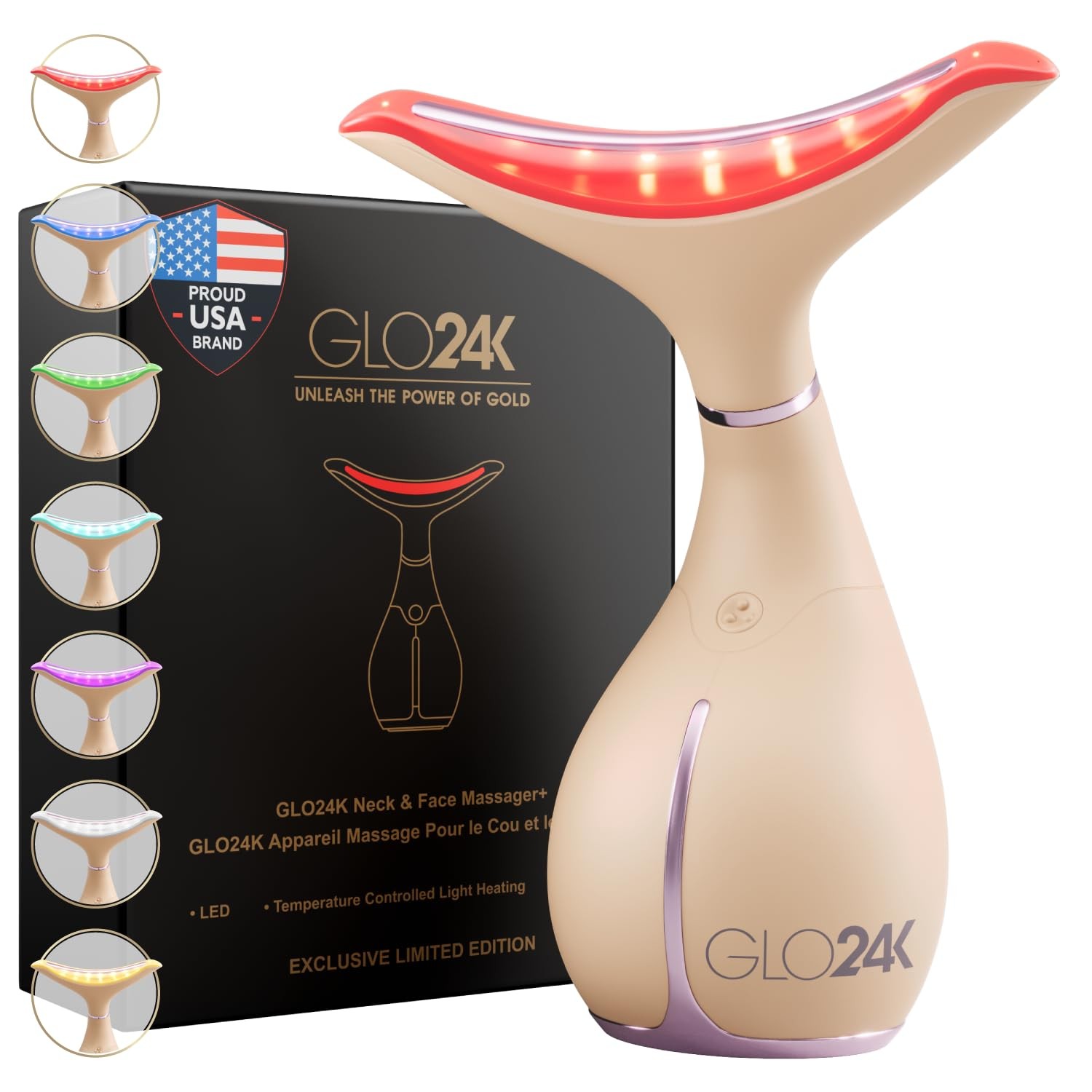 GLO24K Red Light Face & Neck Beauty Device – 3-in-1 Facial Massager Tool with LE