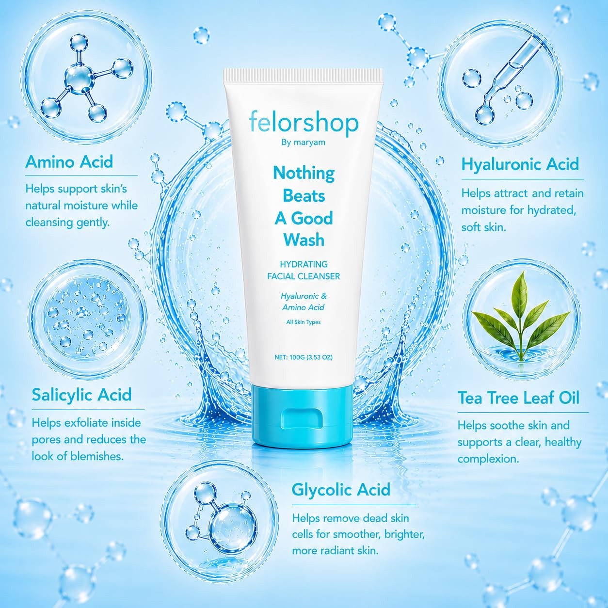FelorShop Hydrating Facial Cleanser – 100g Face wash 3.53 Fl Oz (Pack of 1)