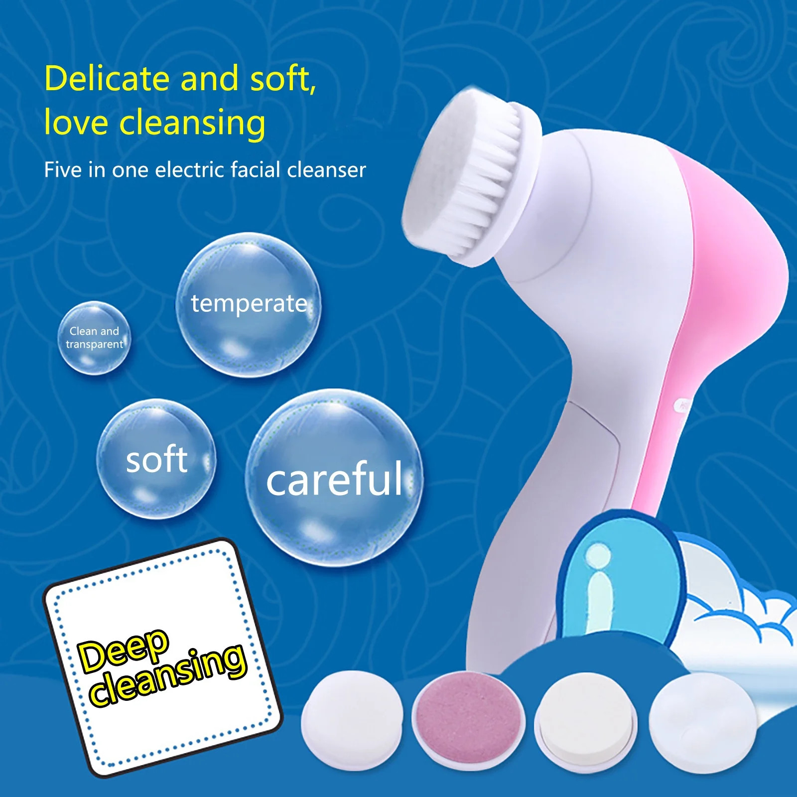 5-in-1 Electric Facial Cleansing Brush, Deep Clean, Exfoliate, Massage & Renew