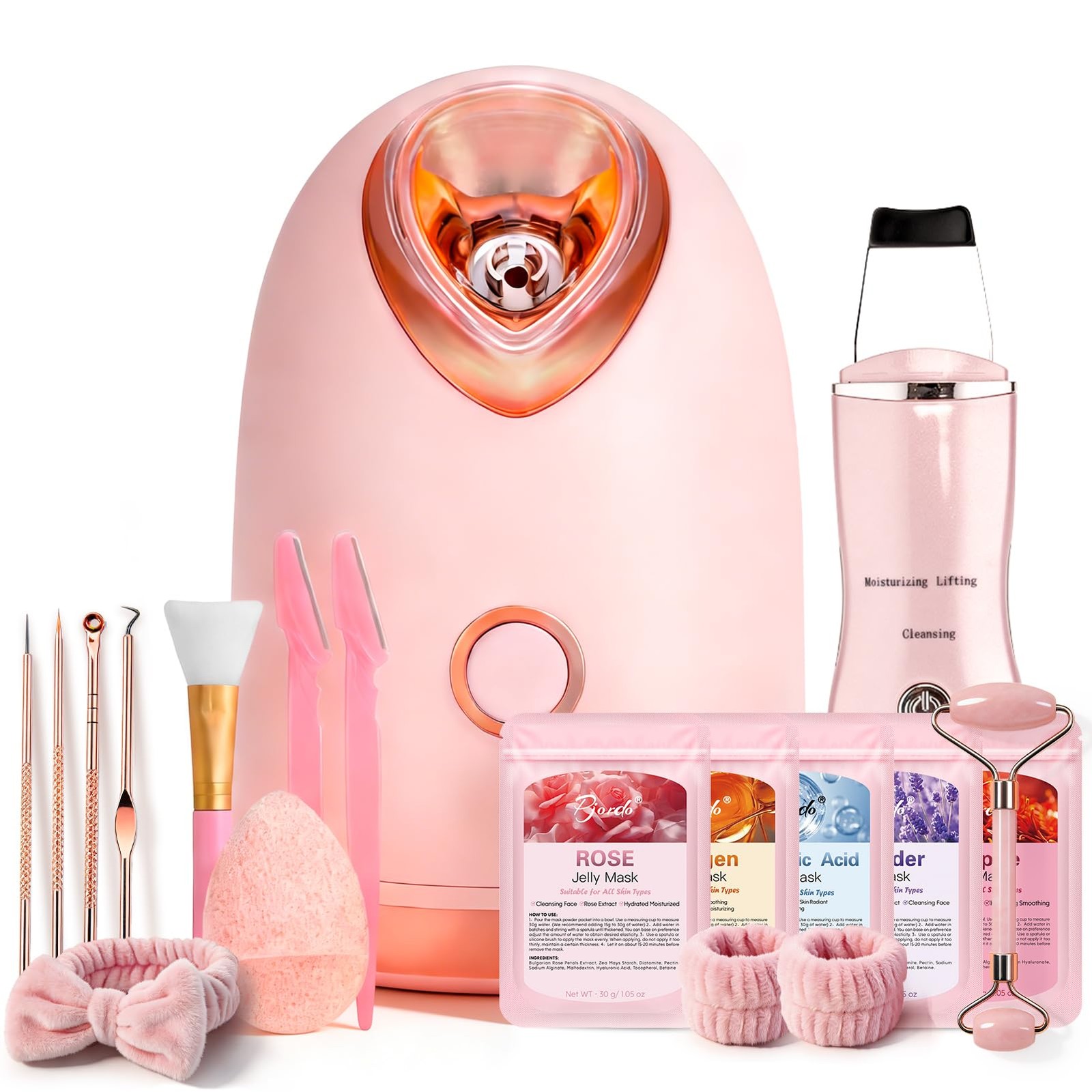 Pjordo Facial Steamer Spa Kit, Skin Scrubber, Nano 18 Count (Pack of 1), Pink