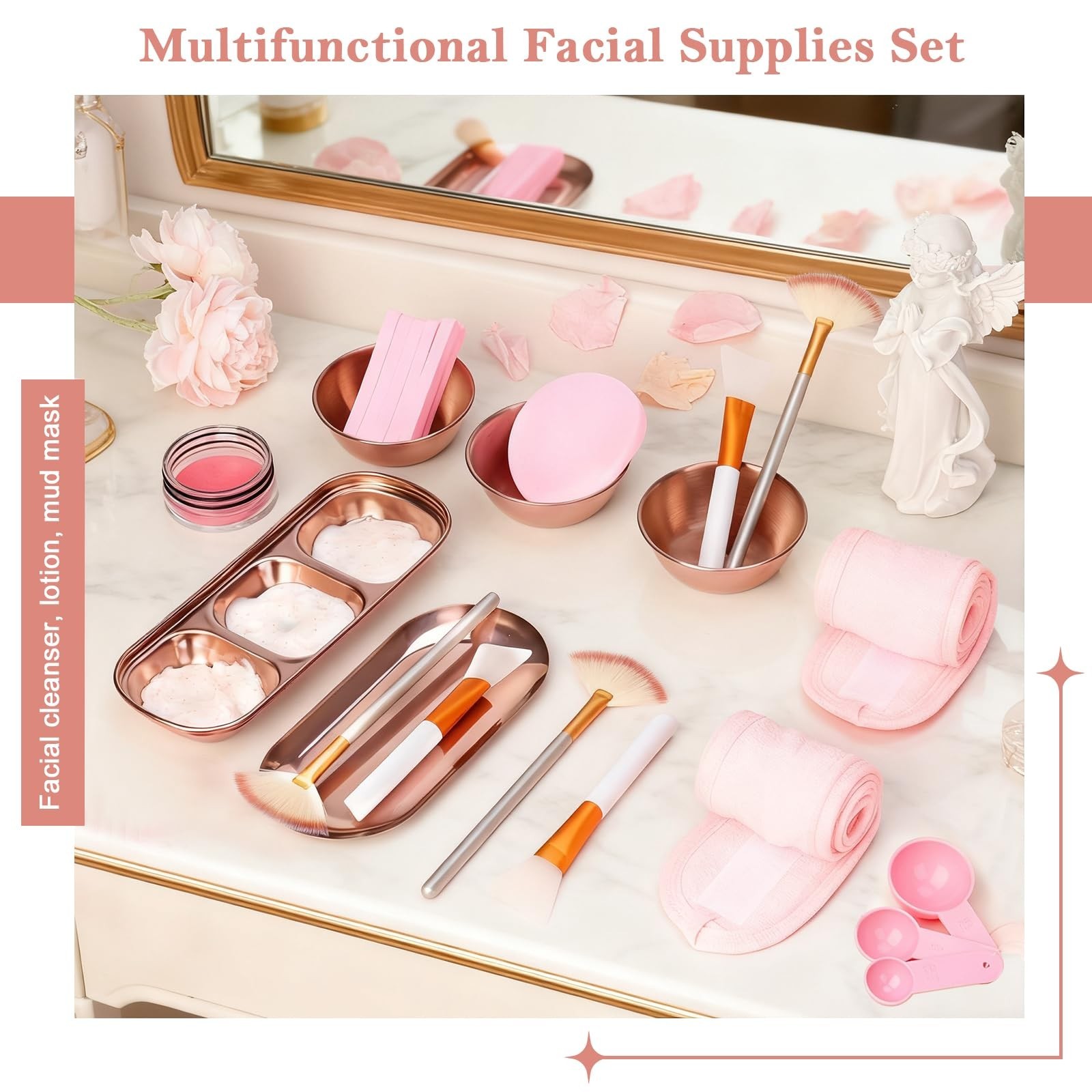 28 Rose Gold Facial Supplies Set – Mixing Bowls, Brushes, Spoons, Sponges & Tray