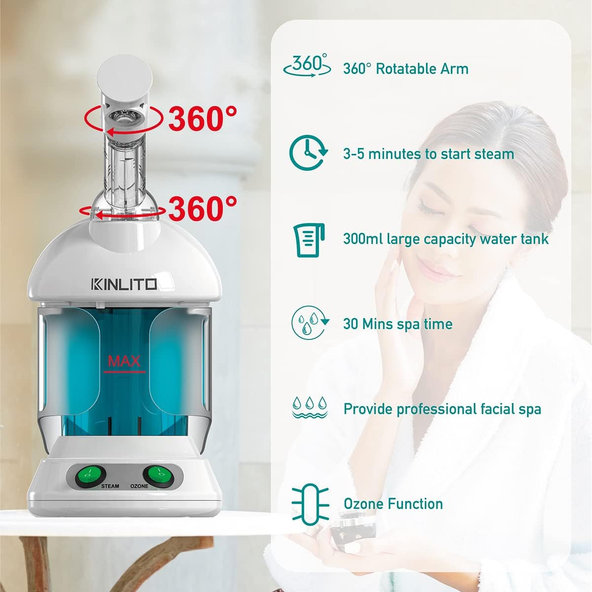Vaporizador Facial Ozono Brazo 360 Portatil 40 Min Limpieza de Poros SPA Casa