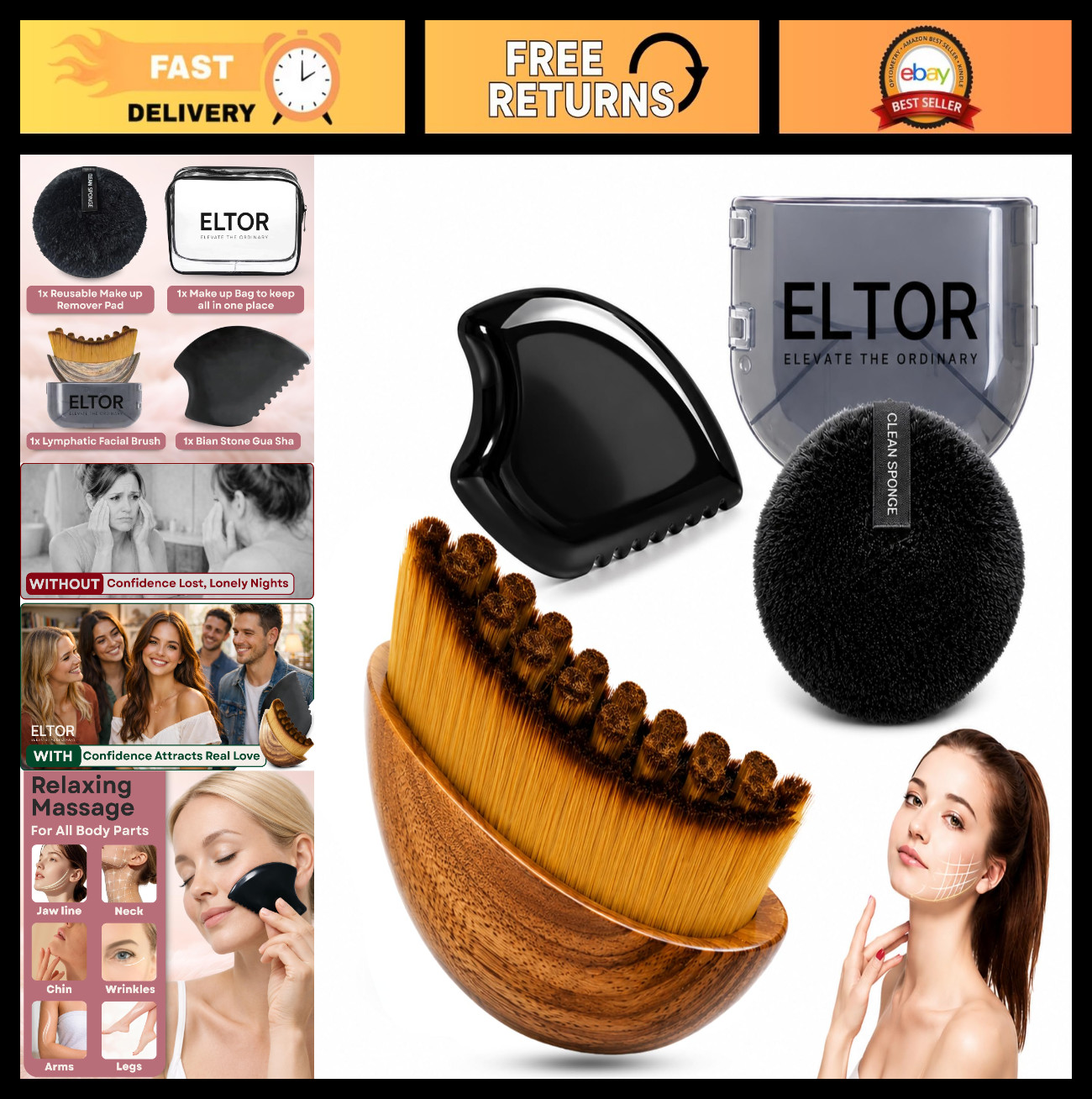 Lymphatic Drainage Face Brush & Gua Sha Stone Set | Anti-Puffiness & Sculpting T