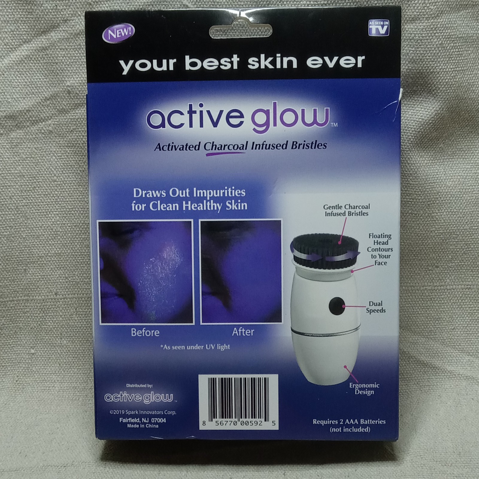 Active Glow Electric Facial Brush, Charcoal Bristles, Rotating Floating Head
