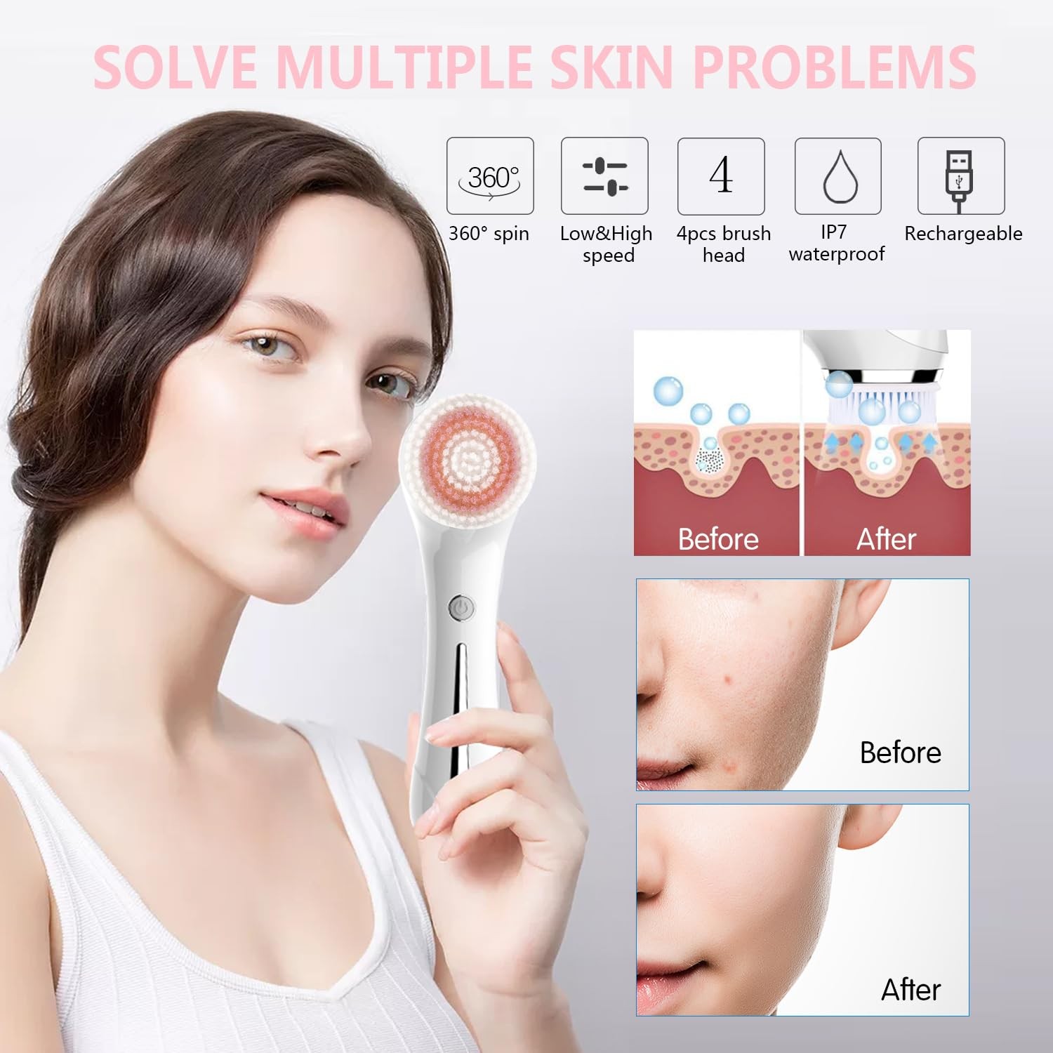 Rotating Cleansing Brush with 4 Replaceable Heads, Heated Metal Massage Head …