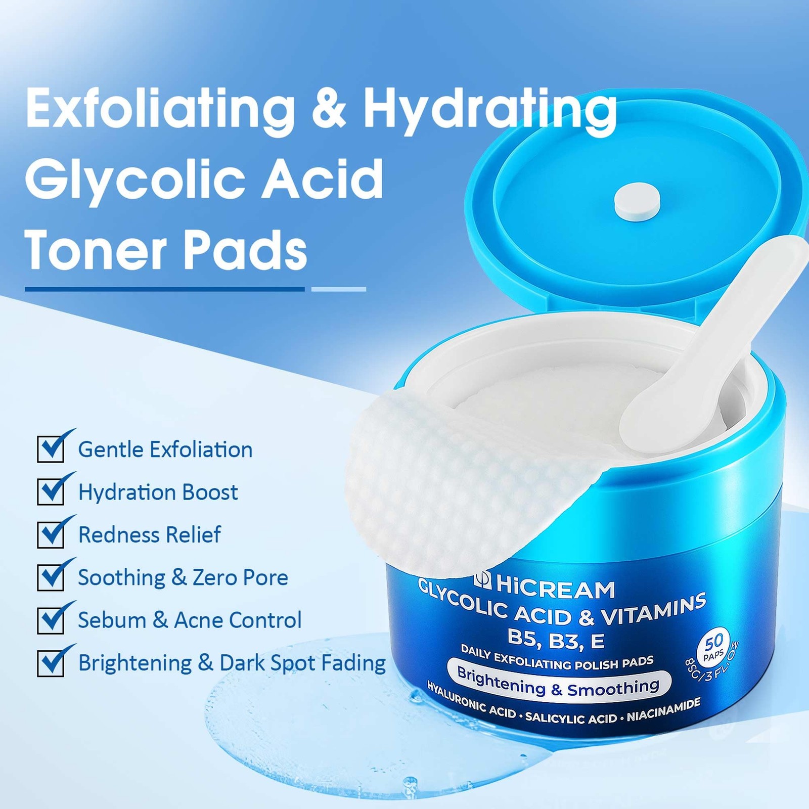 Hicream Glycolic Acid Pads, Dual-Textured Facial 50 Count (Pack of 1), white