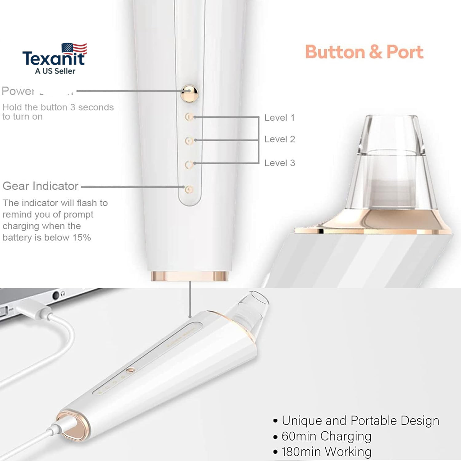 Blackhead Remover Pore Vacuum, Upgraded USB Rechargeable Facial Pore Cleaner Bla