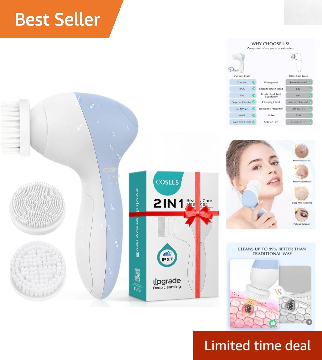 Waterproof 2-in-1 Facial Brush – Deep Cleaning & Exfoliating Device