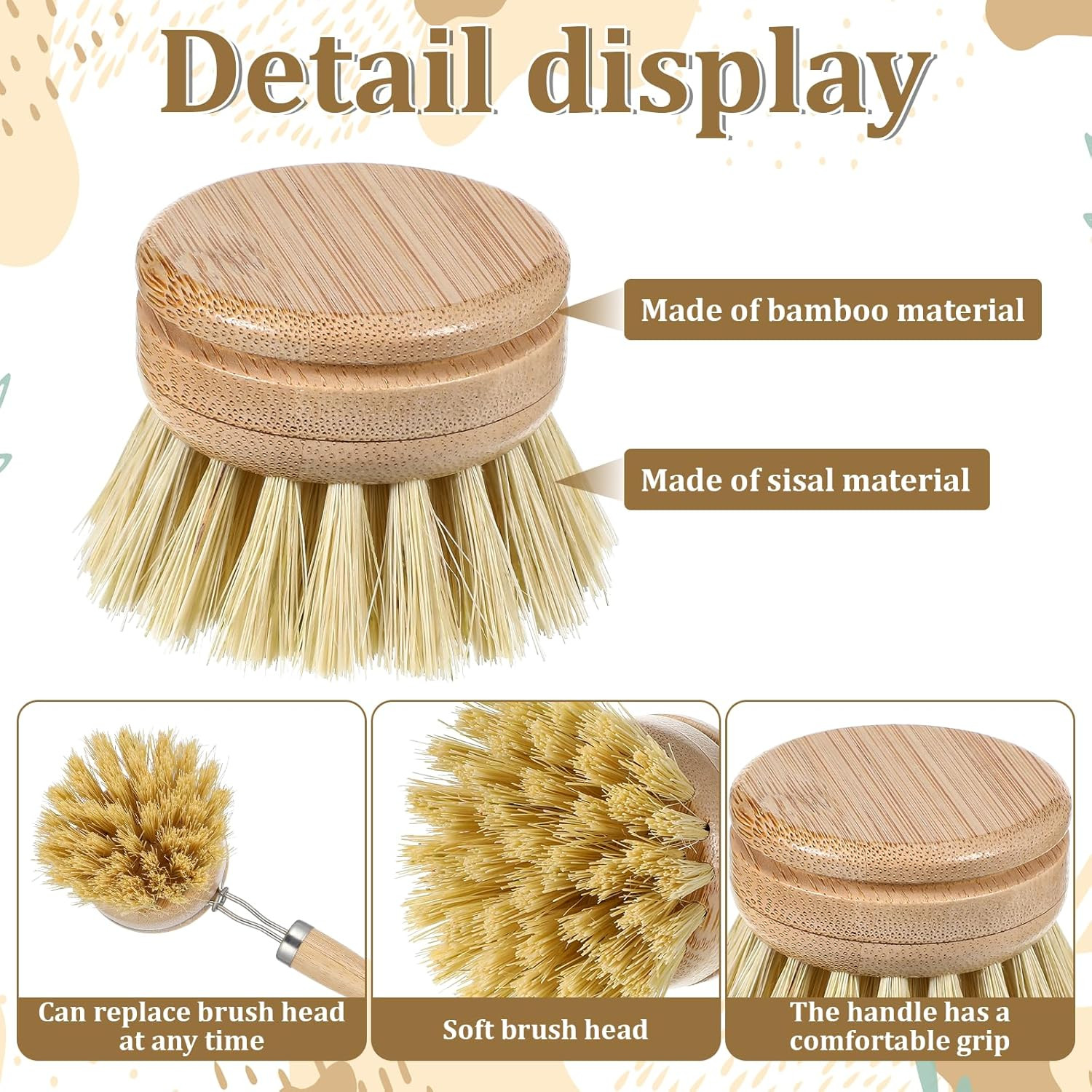 6 Pcs Bamboo Dish Brush Replacement Heads, 1.9 X 1.6 Inch Natural Sisal Bristle