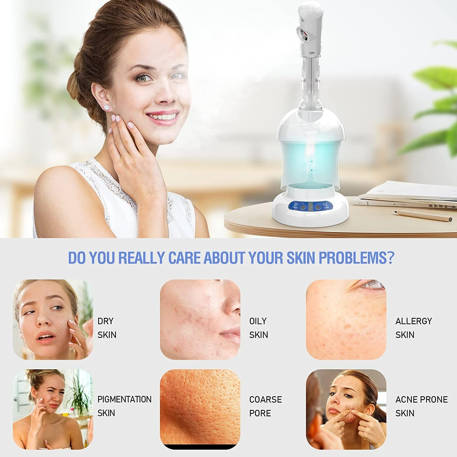 Nano Ionic Ozone Facial Steamer Extendable Arm Deep Cleaning Home Salon Skin Car