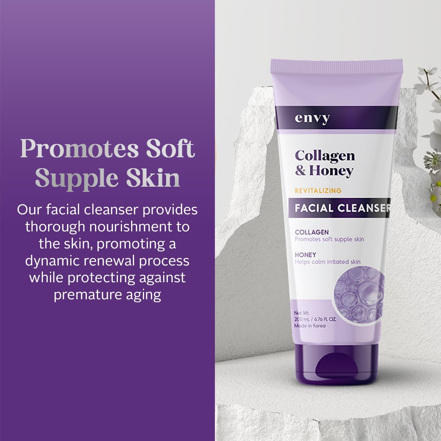 Envy Facial Cleanser with Collagen & 6.76 Fl Oz (Pack of 1), & Honey