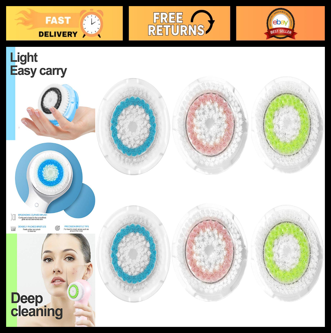 Facial Cleansing Brush Head Replacements for Deep Pore Clean, Multi-Color