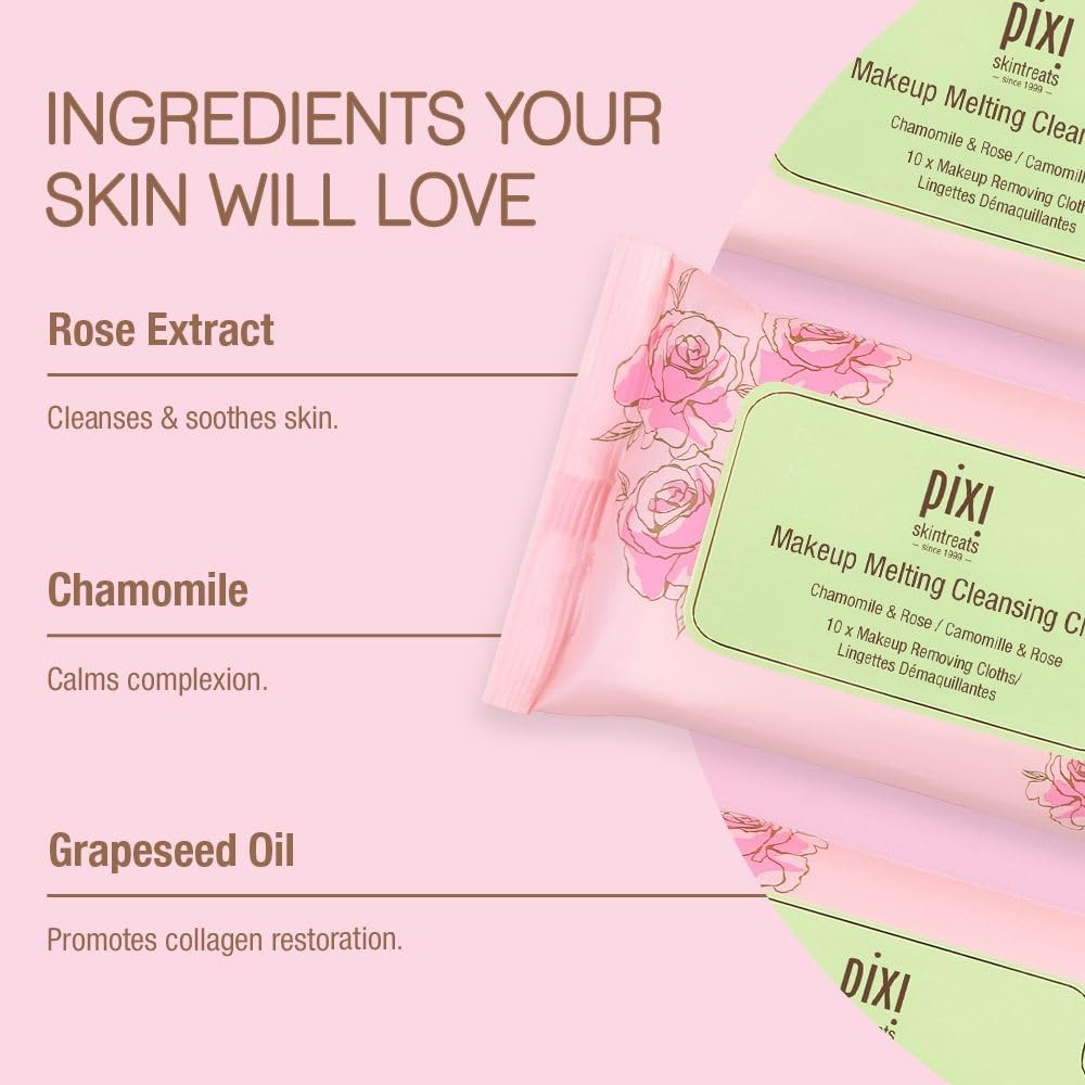 Pixi Beauty Makeup Melting Cleansing Cloths 1 Count (Pack of 10), Pink