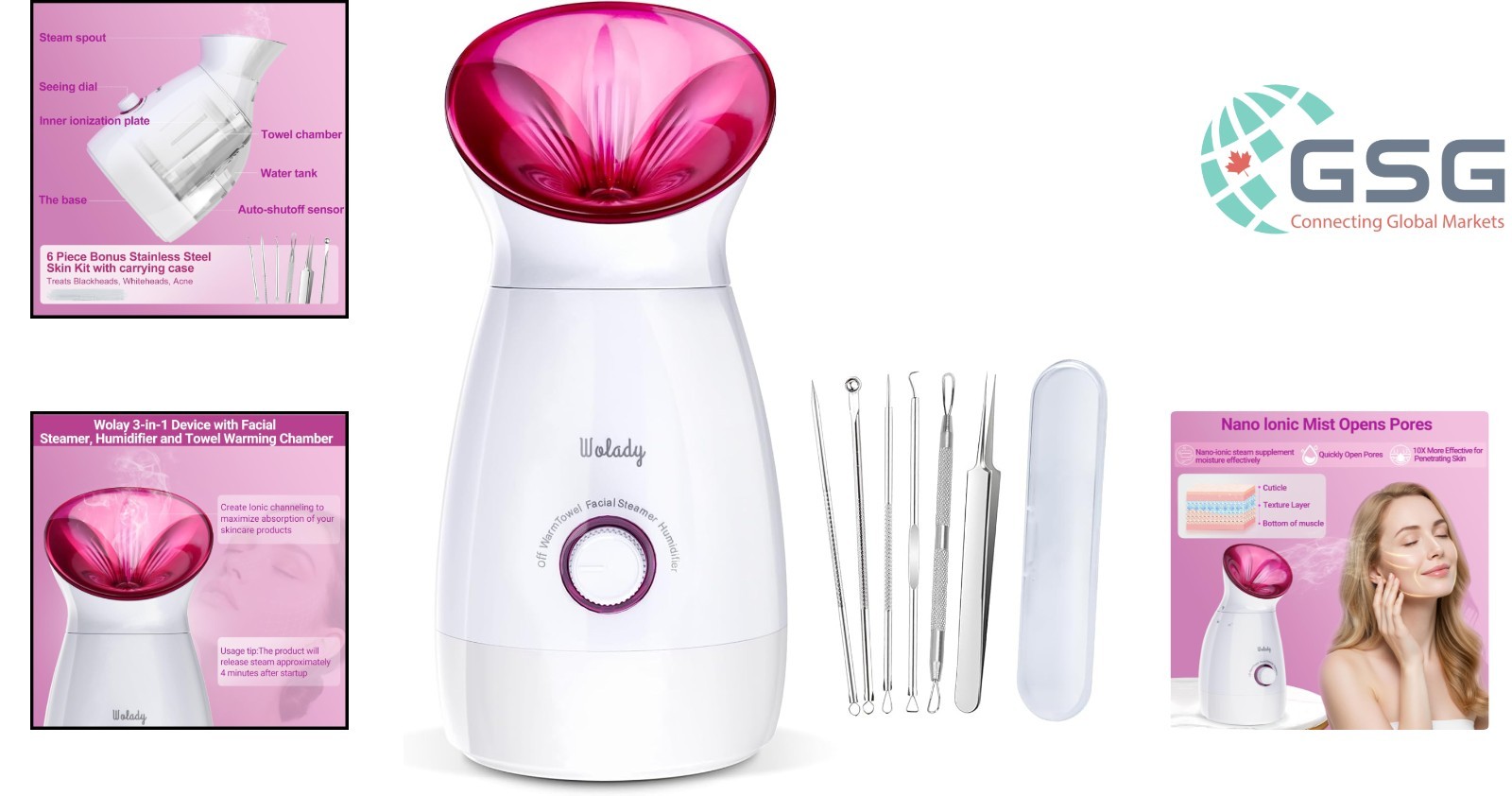 LARGE 3-IN-1 FACIAL STEAMER WITH SKIN CARE TOOLS – PINK