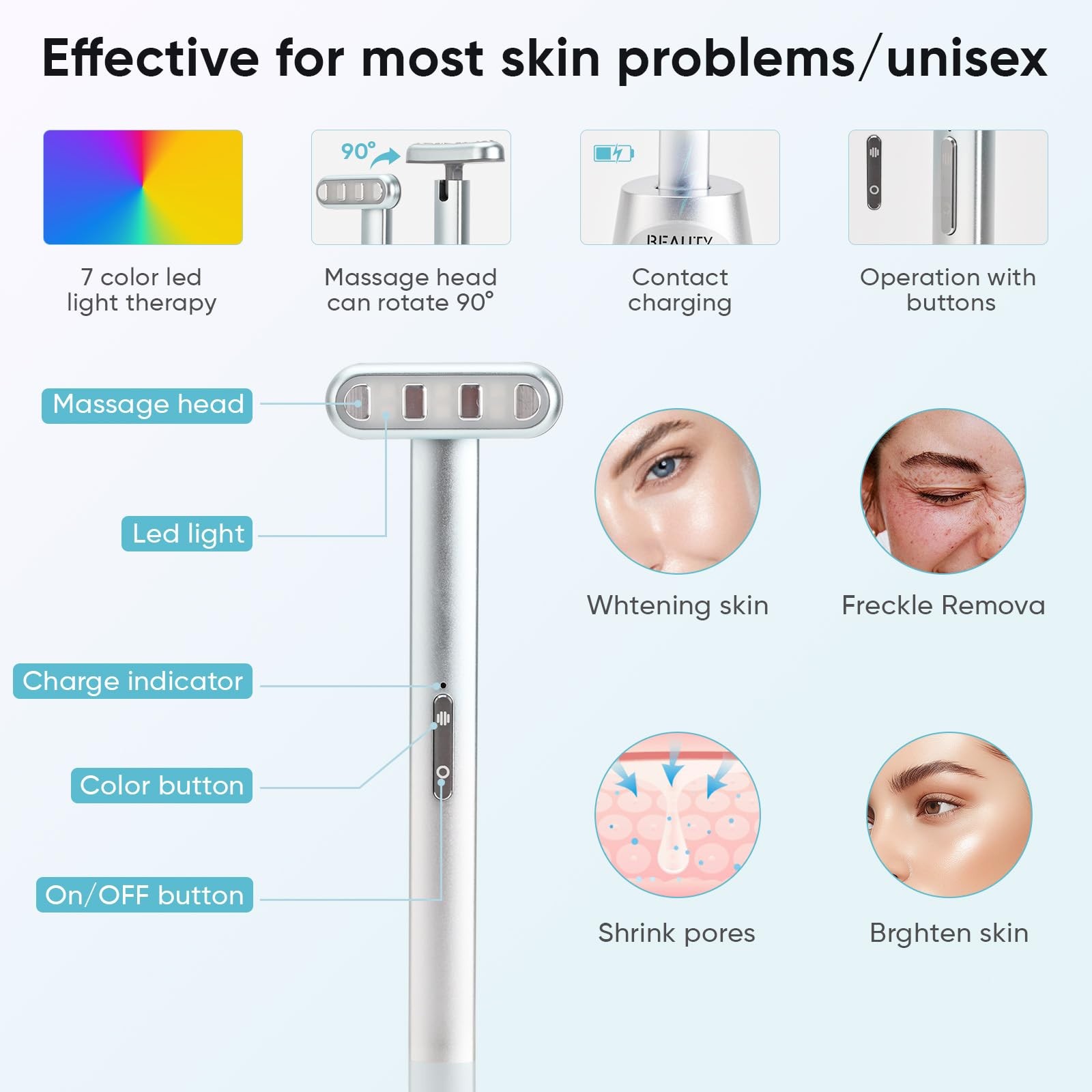 AUSLKA Red-Light-Therapy-Wand, 7 in 1 LED Light Facial Wand for Face, Blue