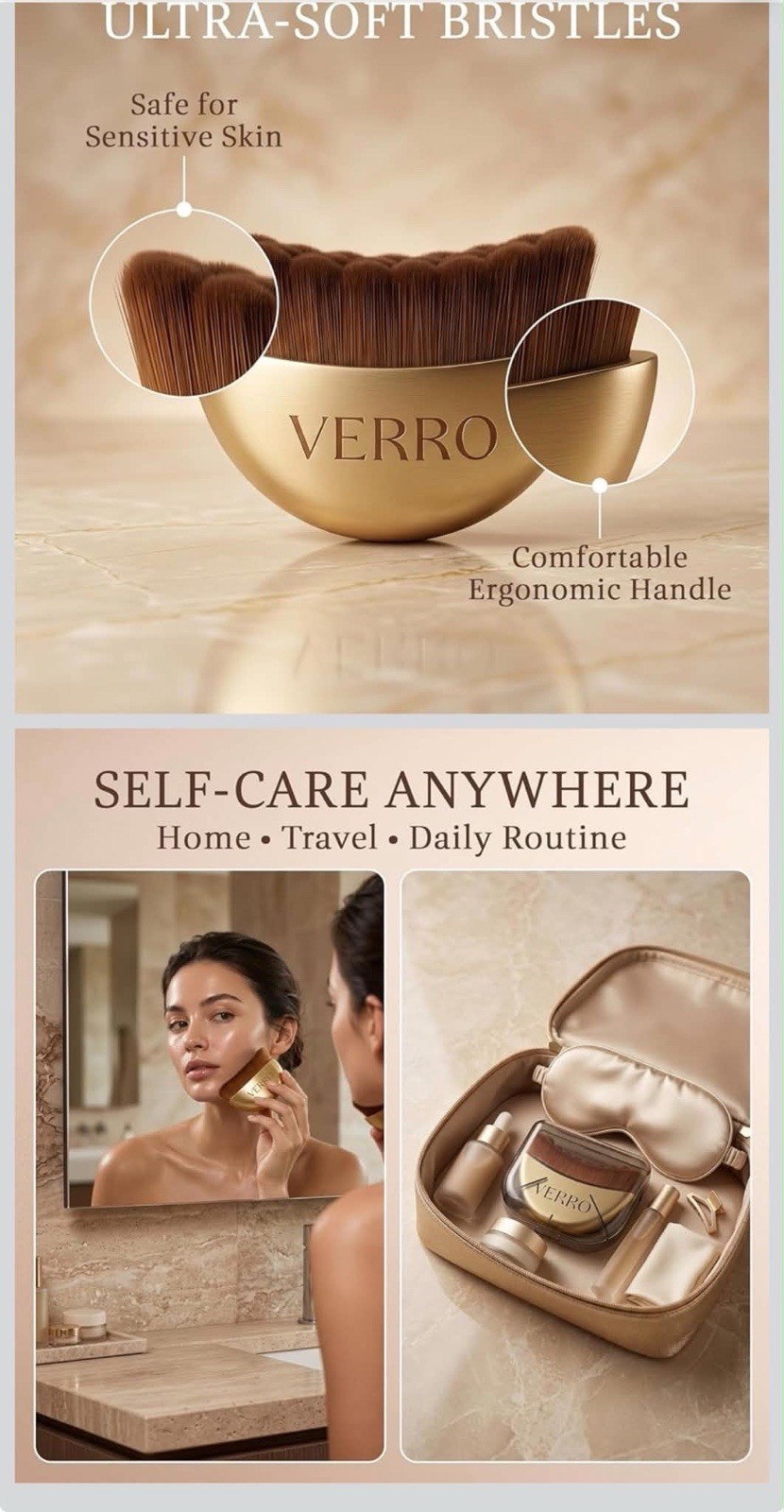 VERRO Lymphatic Contour Facial Brush 2X Set w/ Cases Ergonomic Gold/Brown
