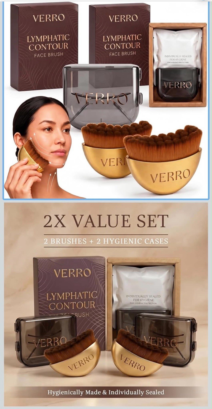 VERRO Lymphatic Contour Facial Brush 2X Set w/ Cases Ergonomic Gold/Brown
