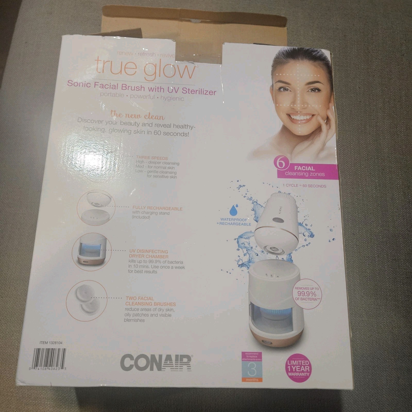 CONAIR True Glow Sonic Facial Brush with UV Sterilizer Brand New In Open Box