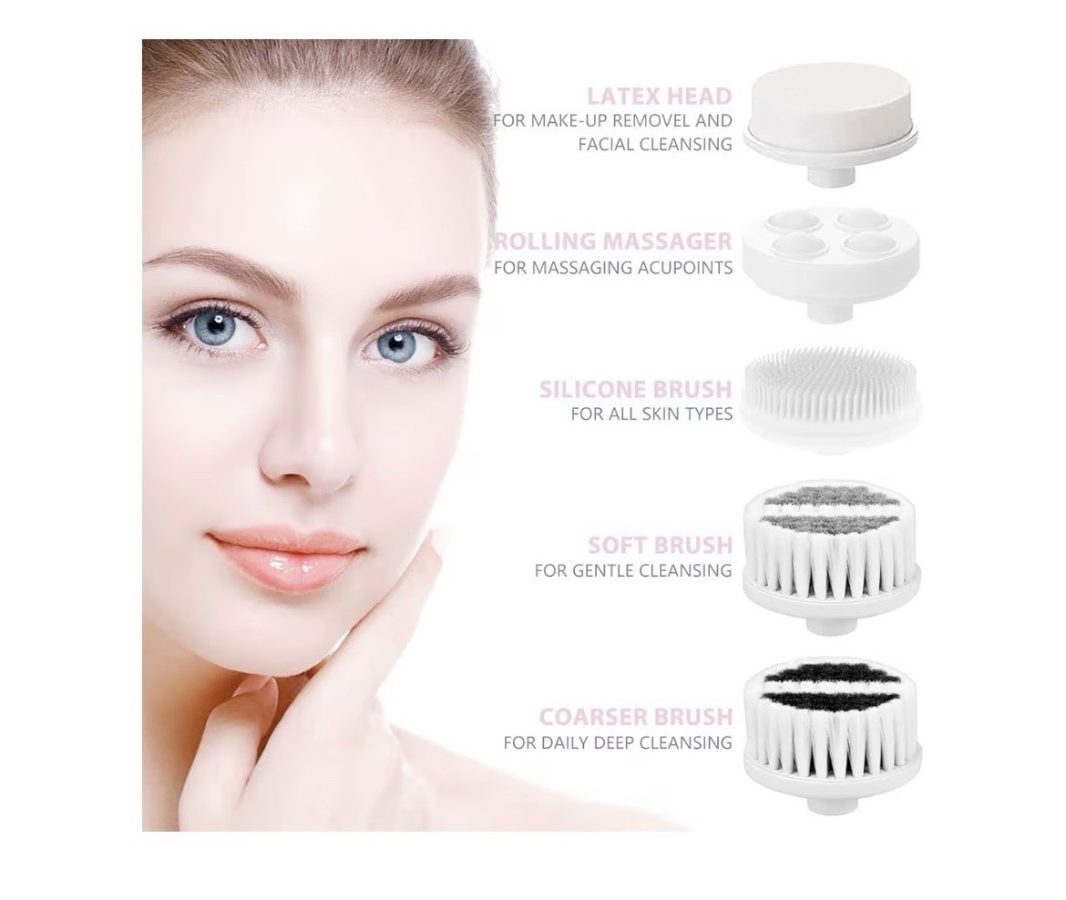 Waterproof Facial Cleansing Spin Brush Set with 5 Exfoliating Brush Heads – Elec