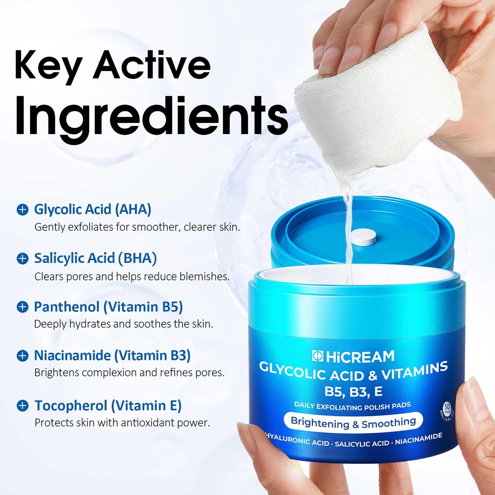Hicream Glycolic Acid Pads, Dual-Textured Facial 50 Count (Pack of 1), white