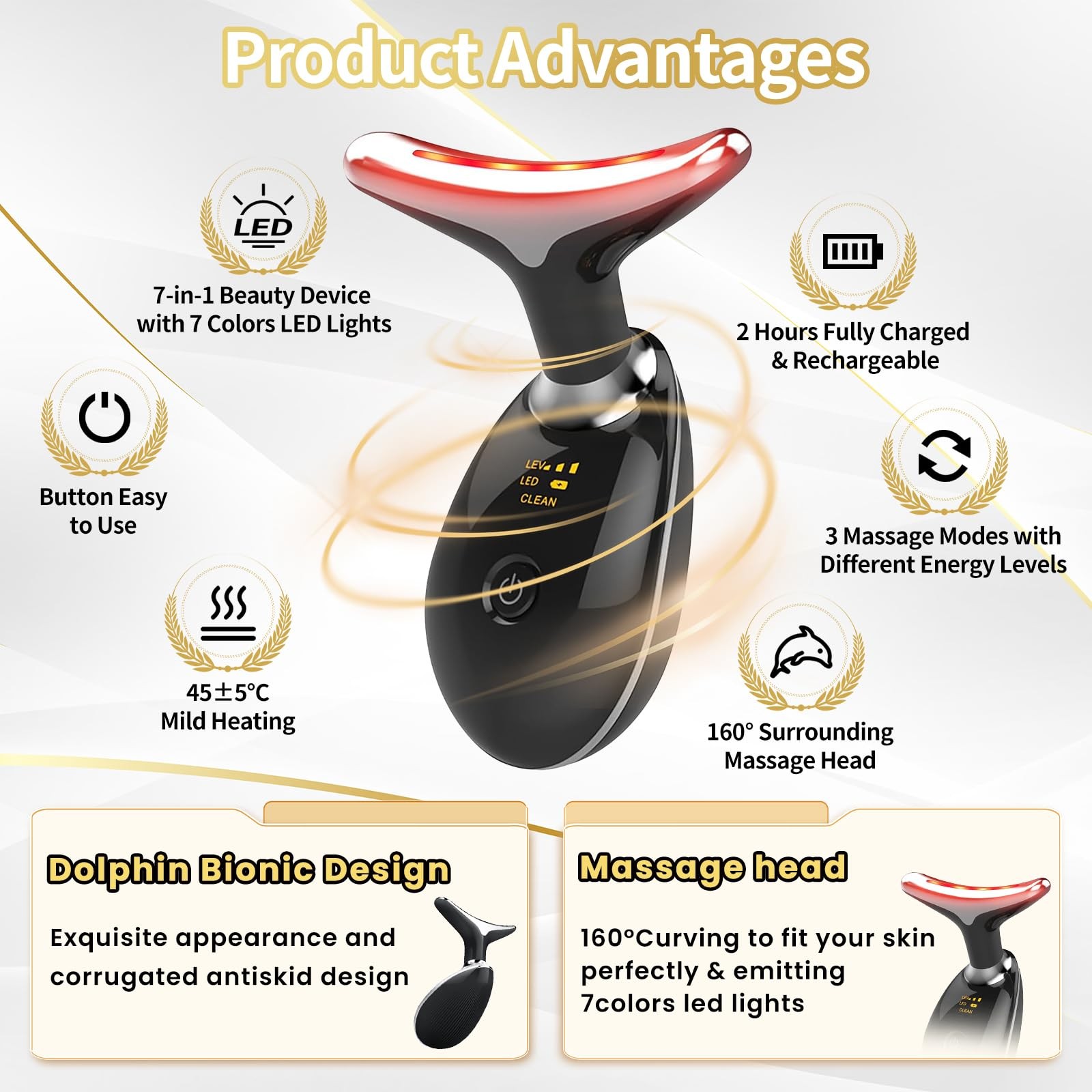 Portable Face Beauty Device, 7 Color Massager Tool Glossy Black